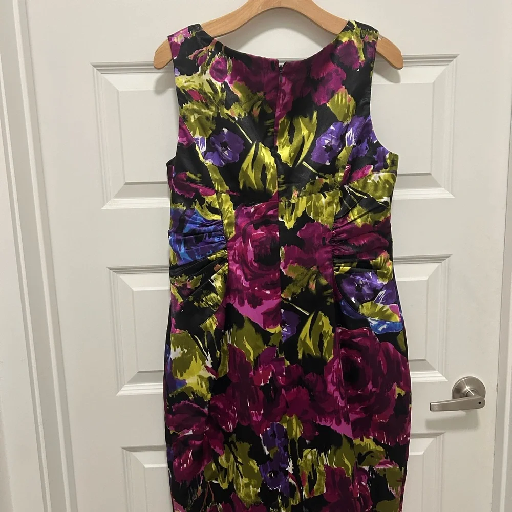 Adrianna Papell Black Floral Midi Dress with Purple, Blue & Olive - Picture 2 of 9